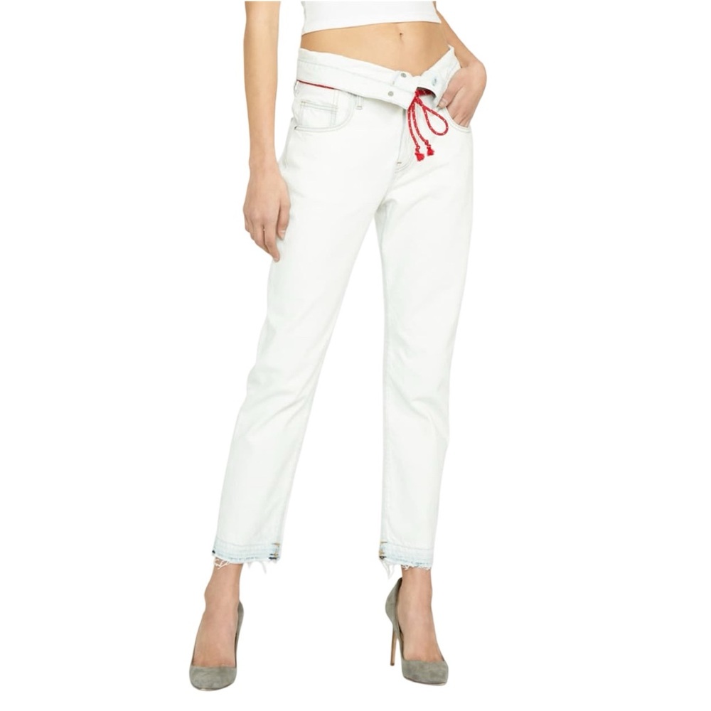HUDSON Los Angeles‎ Jessi Cropped Boyfriend Jeans w Fold Over Waistband Red Tie